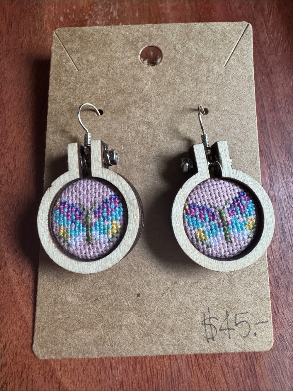 Butterfly Cross Stitched Wooden Hoop Earrings
